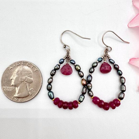Gray Peackcock Pearl Ruby Bead Drop Hoop Dangle Earrings 925 Stamped Mermaidcore - Picture 4 of 9